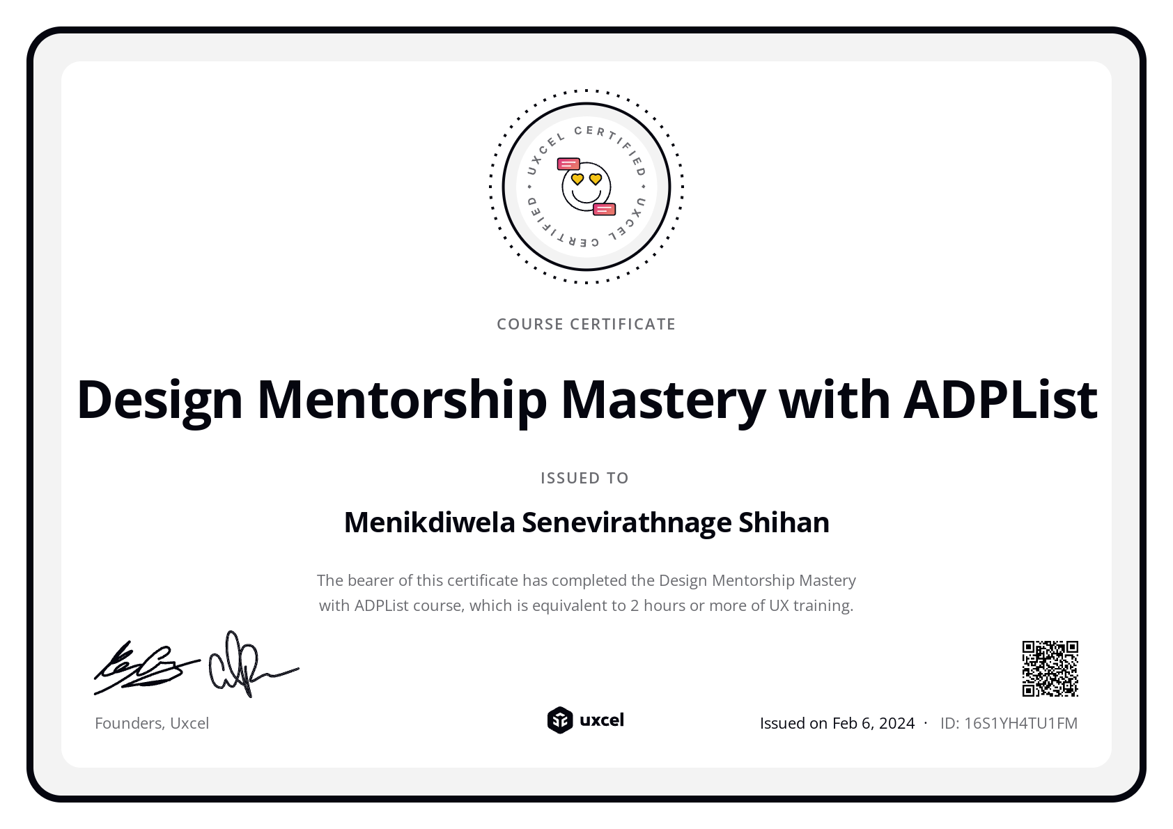 Shihan Menikdiwela's certificate